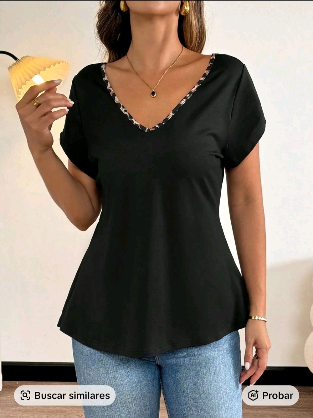 Women’s Black V-Neck Short Sleeve Top with Printed Trim